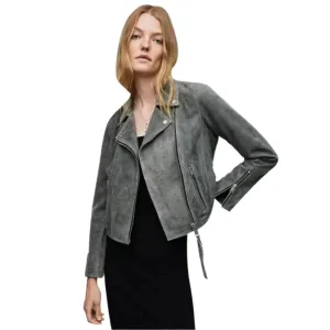 Women's Gray Suede Leather Biker Jacket Stylish & Sleek