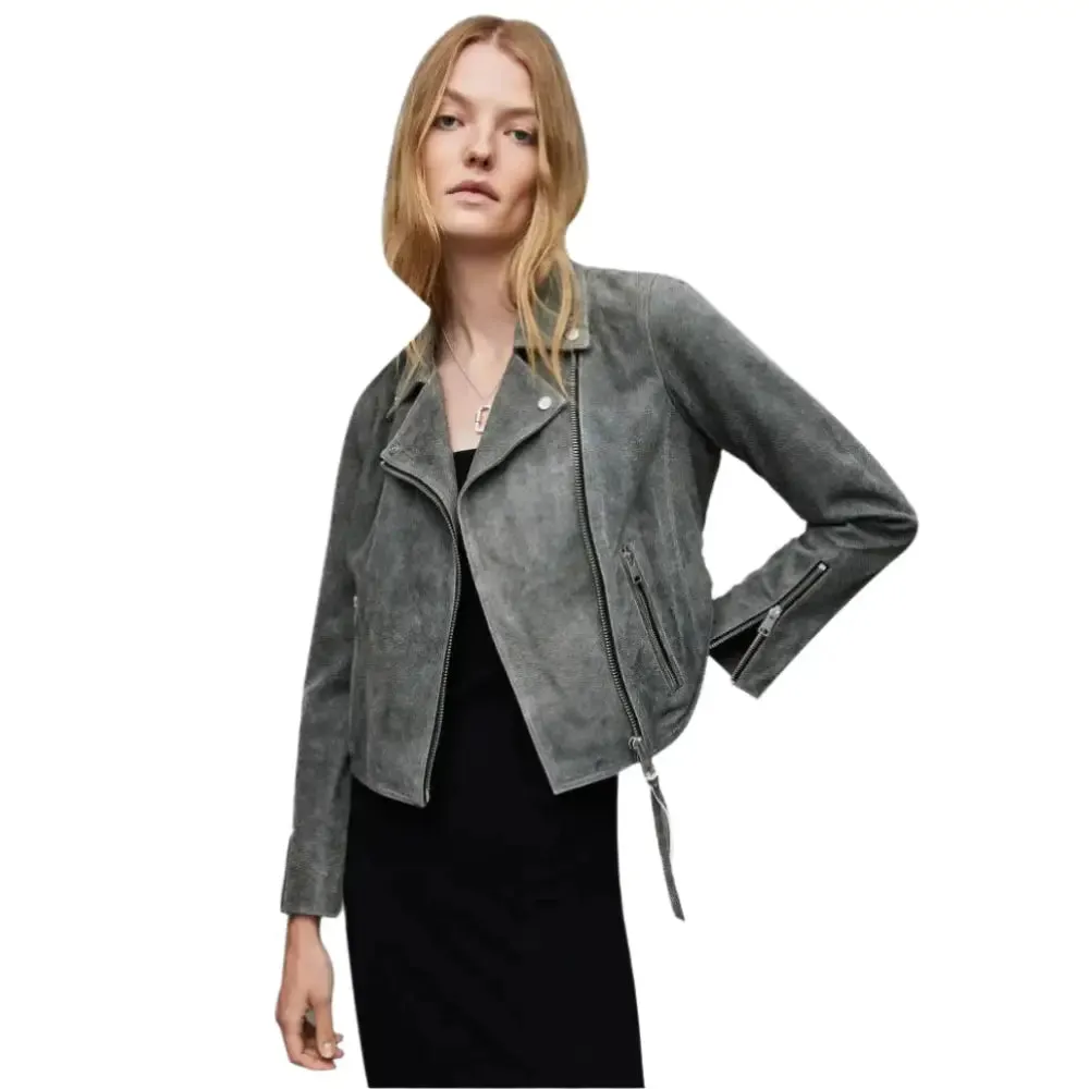 Women's Gray Suede Leather Biker Jacket Stylish & Sleek