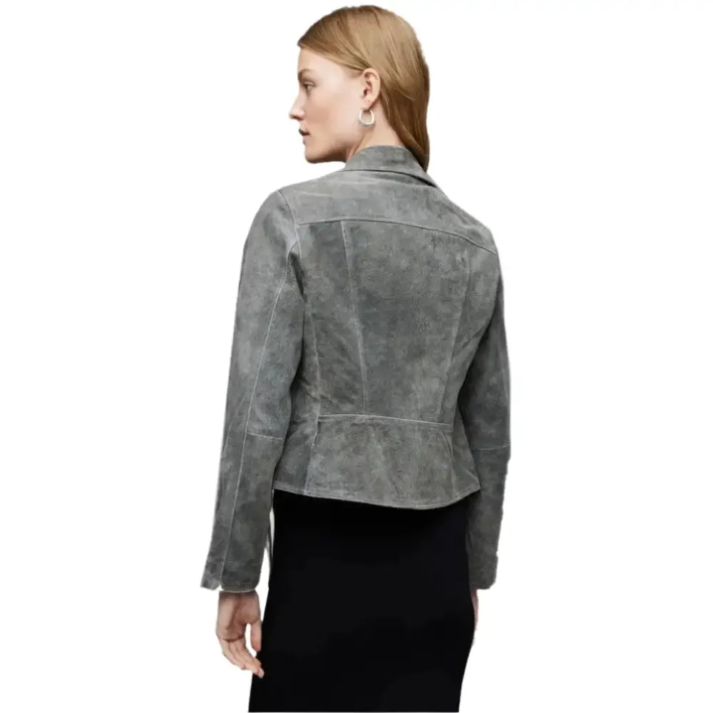 Women's Gray Suede Leather Biker Jacket Stylish & Sleek