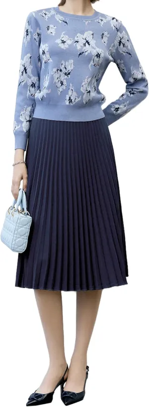Women's High Waisted Pleated Midi Skirt with Zipper Closure, Solid Color