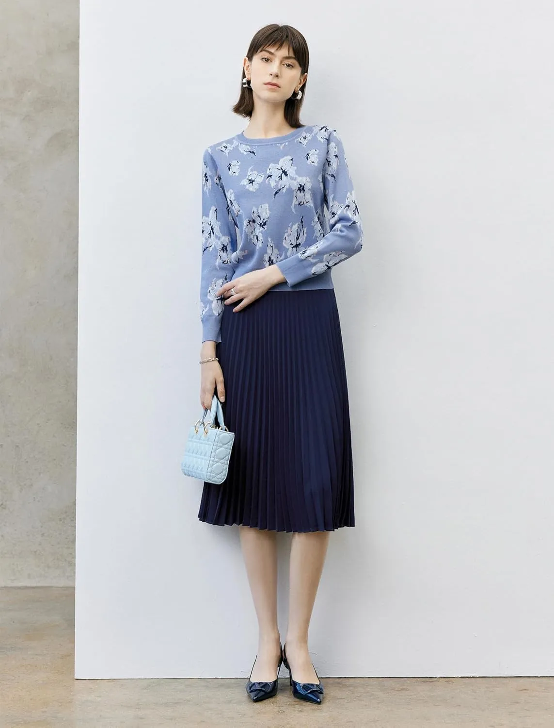 Women's High Waisted Pleated Midi Skirt with Zipper Closure, Solid Color