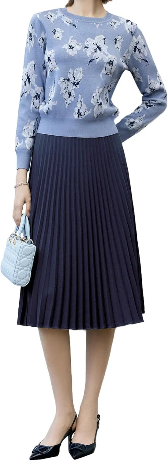 Women's High Waisted Pleated Midi Skirt with Zipper Closure, Solid Color