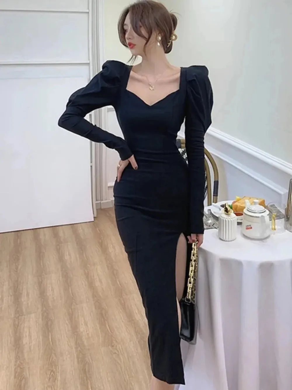 women's lantern sleeves ankle length gown autumn formal mididress ✈️ free.shipping