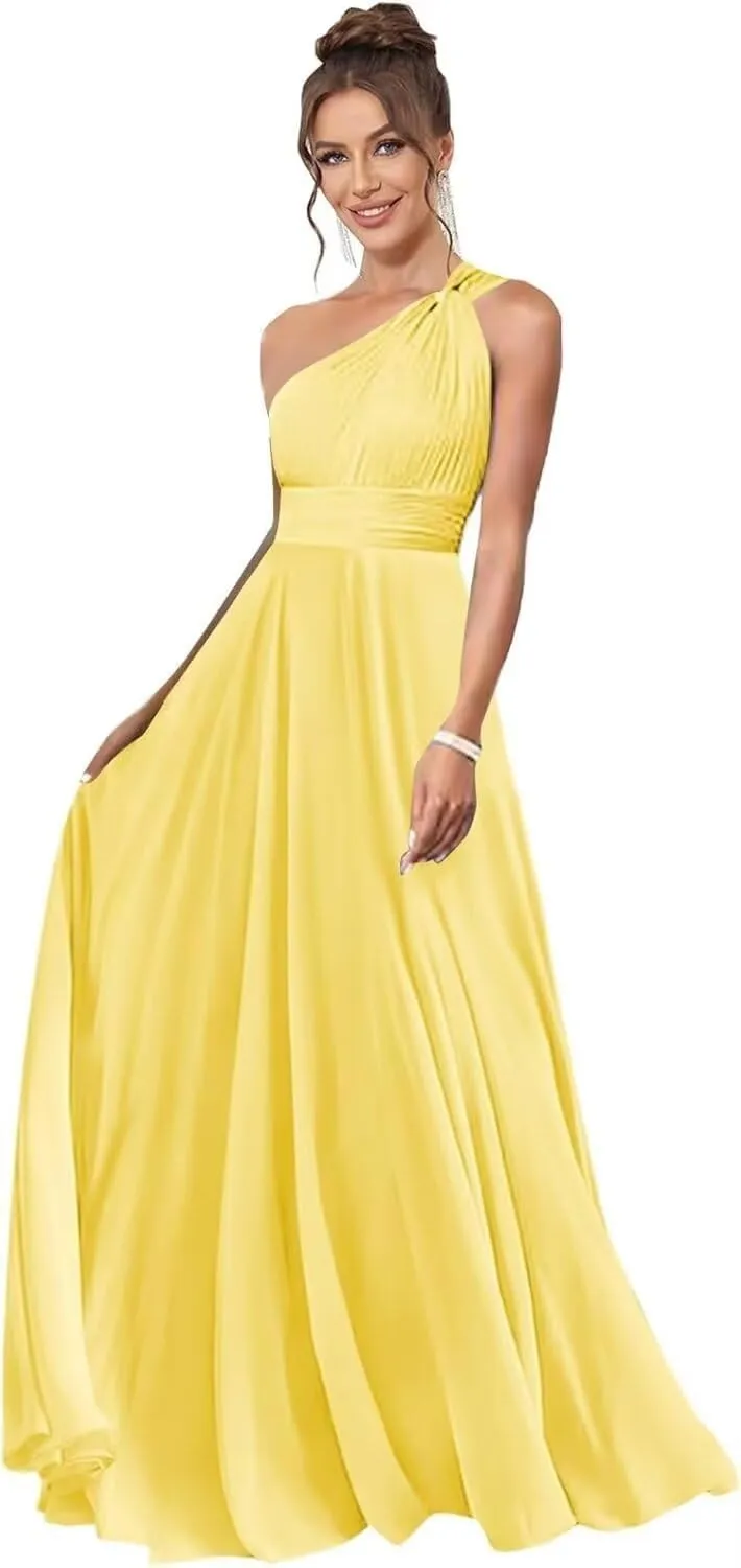 Women's One Shoulder Ruched Bridesmaid Dresses with Split Long Chiffon Pleated Formal Party Dress with Pockets DE03