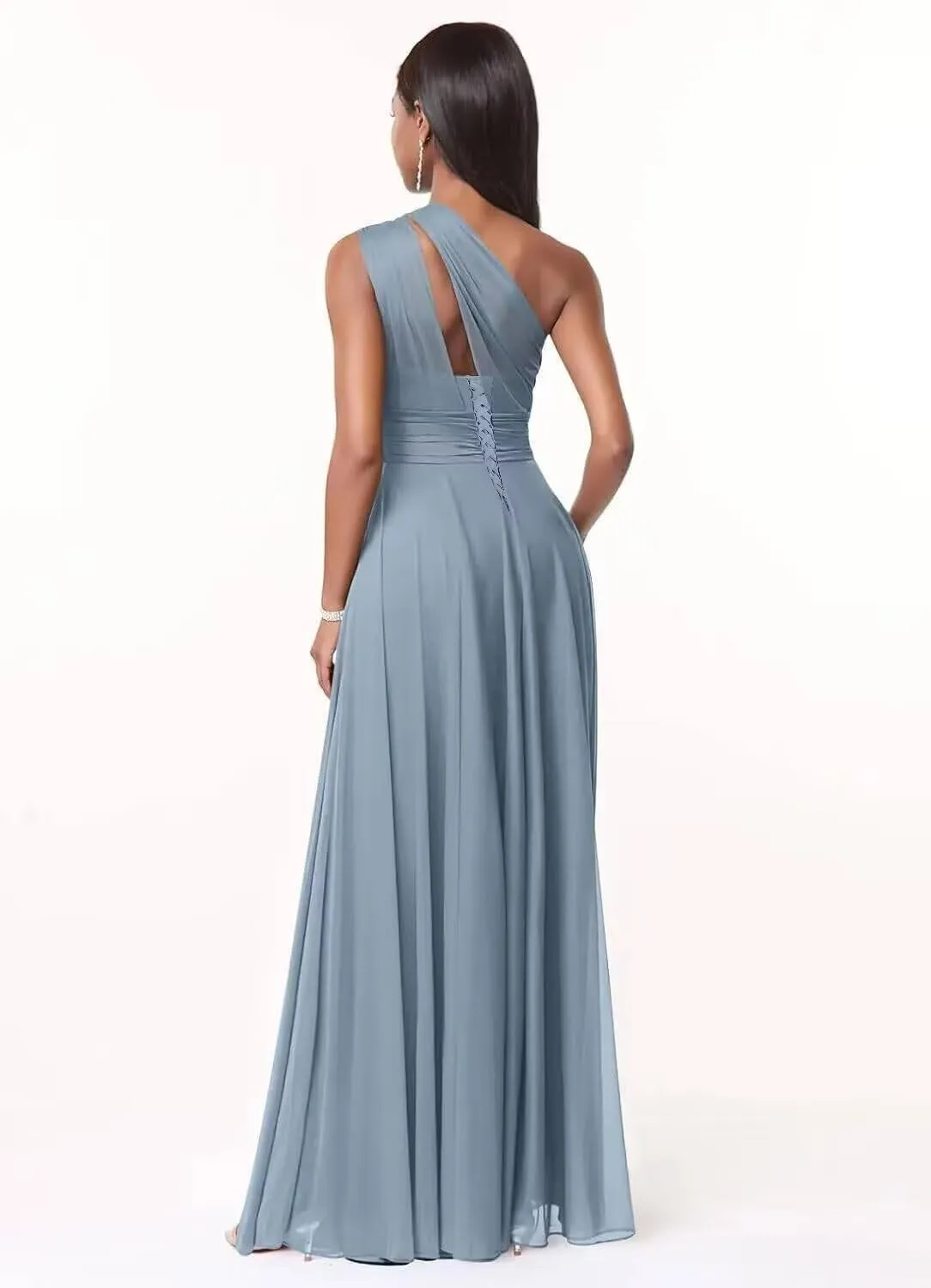 Women's One Shoulder Ruched Bridesmaid Dresses with Split Long Chiffon Pleated Formal Party Dress with Pockets DE03