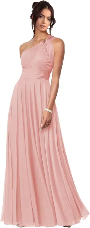 Women's One Shoulder Ruched Bridesmaid Dresses with Split Long Chiffon Pleated Formal Party Dress with Pockets DE03