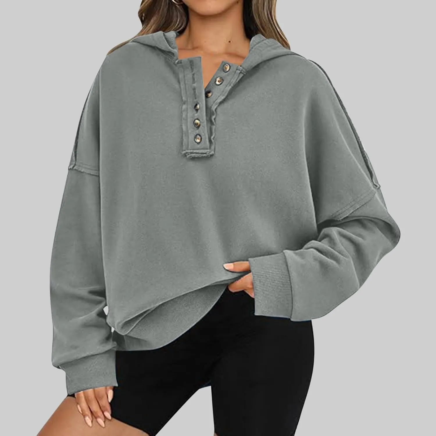 Womens Oversized Hoodies Trendy Loose Button v Neck Hooded Pullover Sweatshirt Fall Outfits 2024 Preppy Clothes