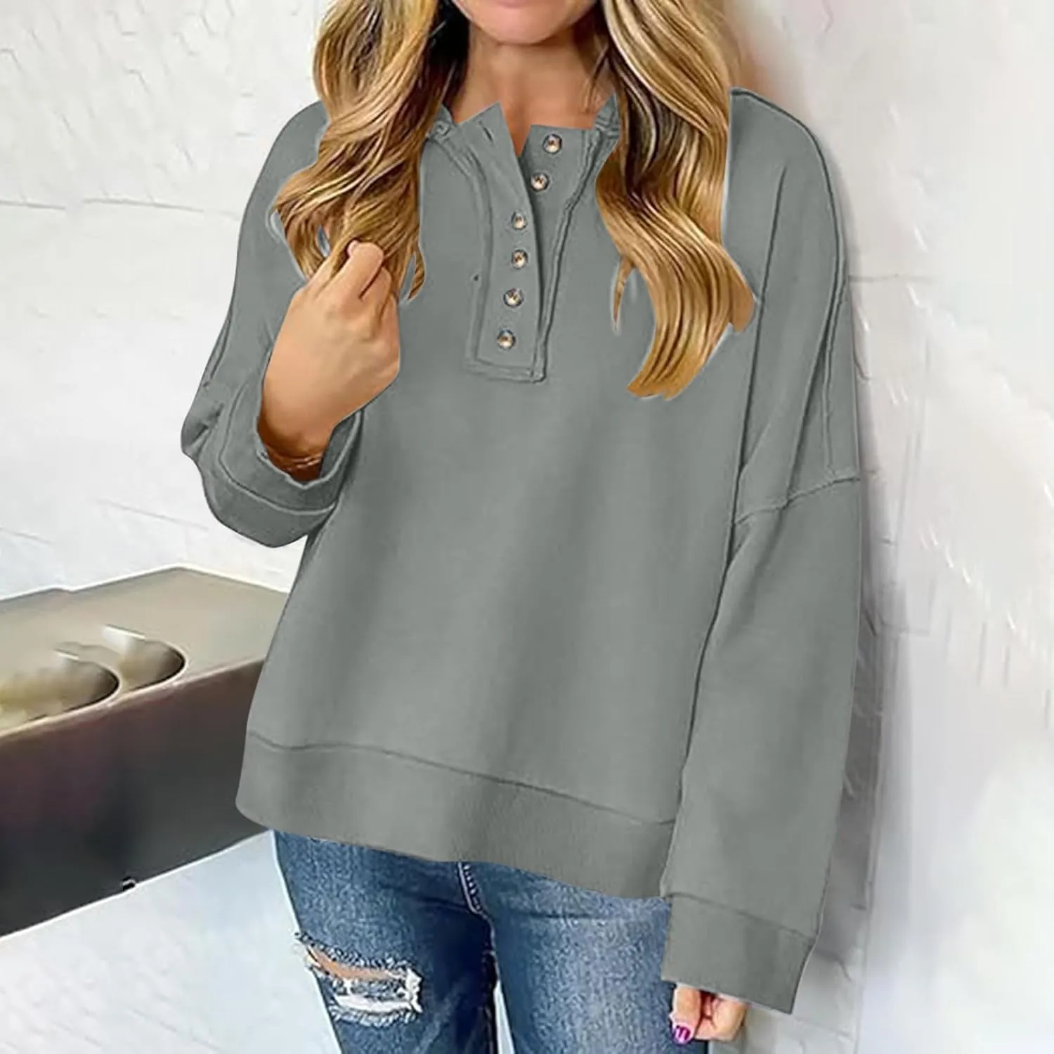 Womens Oversized Hoodies Trendy Loose Button v Neck Hooded Pullover Sweatshirt Fall Outfits 2024 Preppy Clothes
