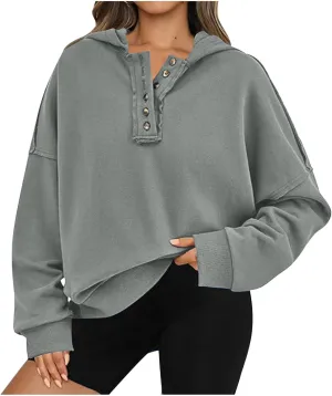 Womens Oversized Hoodies Trendy Loose Button v Neck Hooded Pullover Sweatshirt Fall Outfits 2024 Preppy Clothes