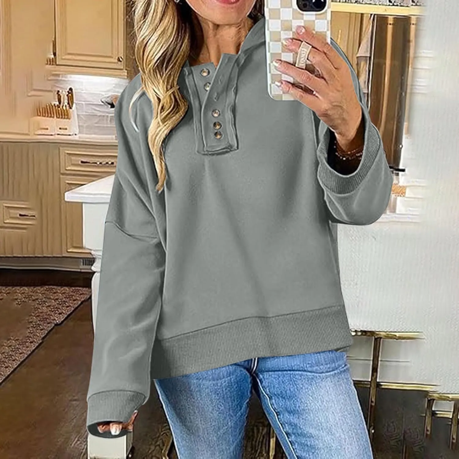 Womens Oversized Hoodies Trendy Loose Button v Neck Hooded Pullover Sweatshirt Fall Outfits 2024 Preppy Clothes