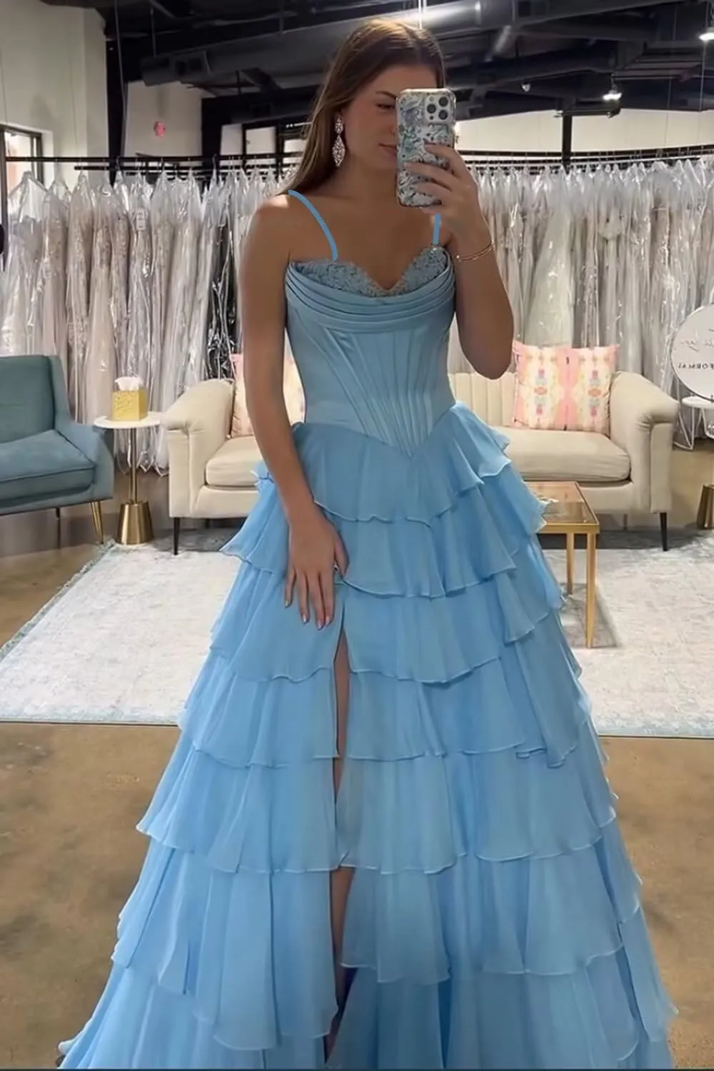 Womens Satin Corset Spaghetti Straps Prom Dresses with Slit Tiered Chiffon Sweetheart Formal Evening Dress HO034