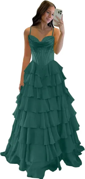 Womens Satin Corset Spaghetti Straps Prom Dresses with Slit Tiered Chiffon Sweetheart Formal Evening Dress HO034