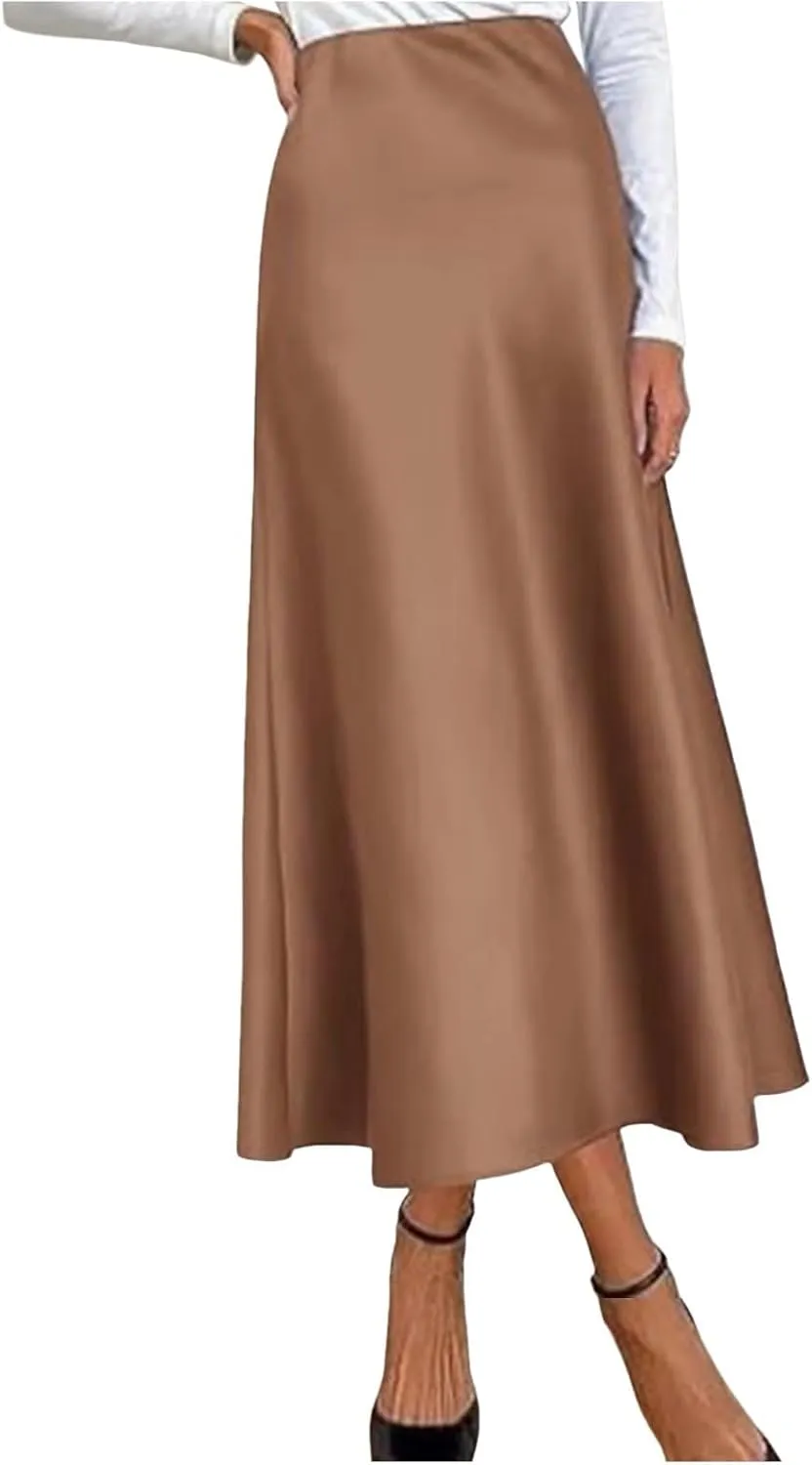 Womens Satin Silk Maxi Skirts High Waisted Skirts 2025 Trendy Casual Elegant Cocktail Party Flared A-Line Midi