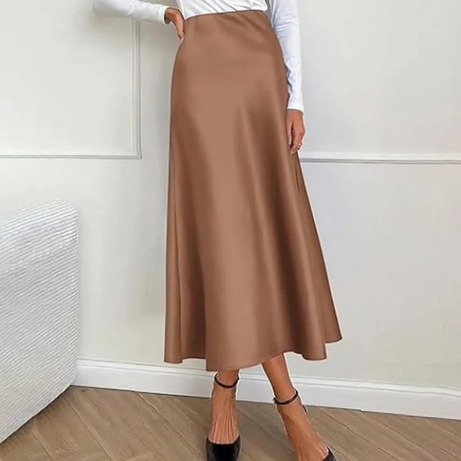 Womens Satin Silk Maxi Skirts High Waisted Skirts 2025 Trendy Casual Elegant Cocktail Party Flared A-Line Midi