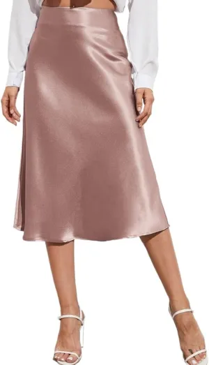 Womens Summer Flowy Skirt Dress Zipper Side Solid Satin Midi Skirt
