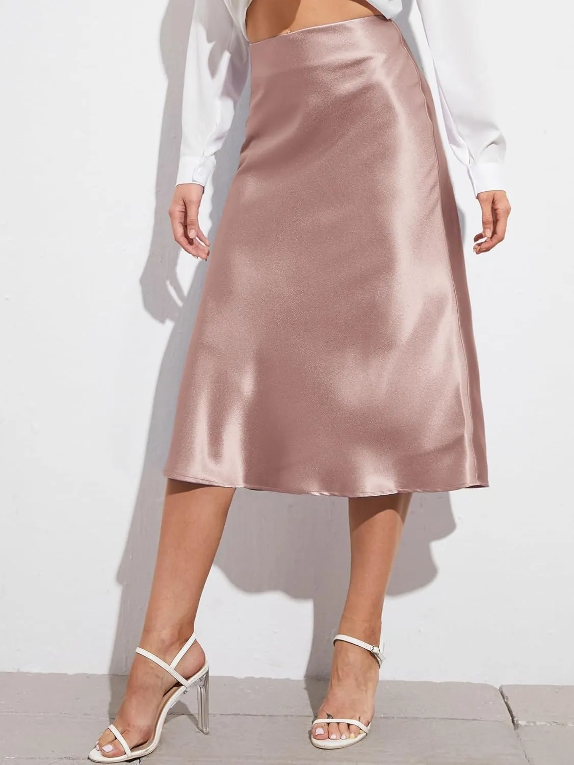 Womens Summer Flowy Skirt Dress Zipper Side Solid Satin Midi Skirt