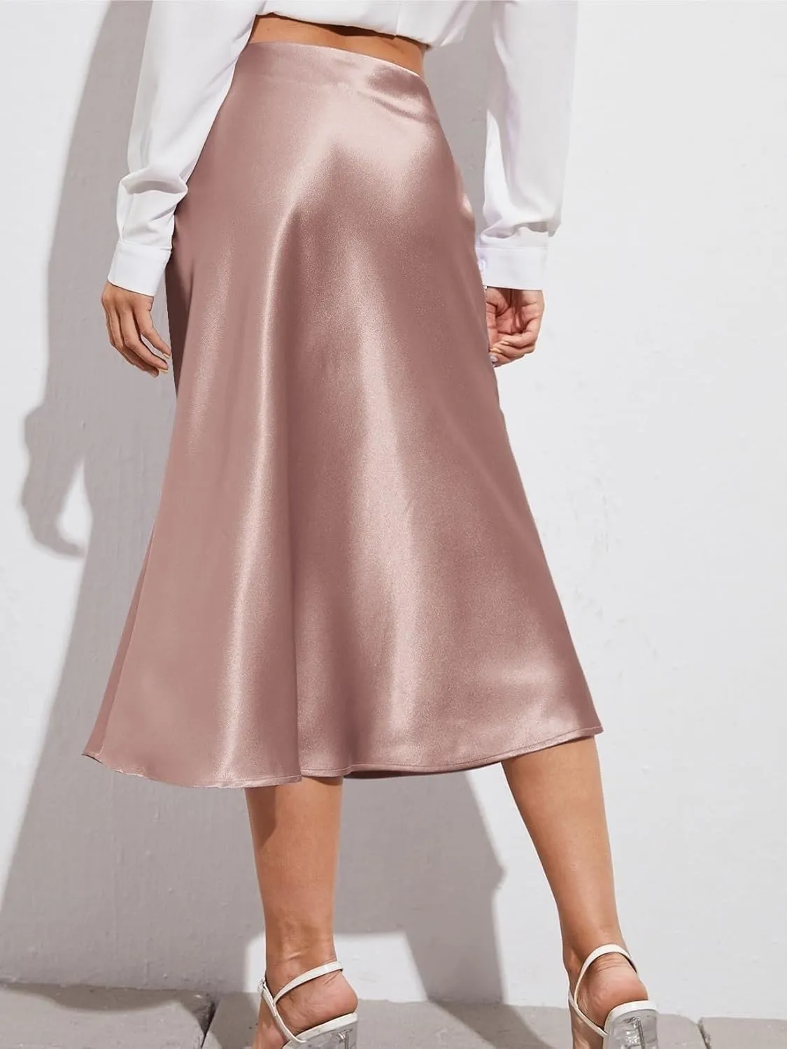 Womens Summer Flowy Skirt Dress Zipper Side Solid Satin Midi Skirt