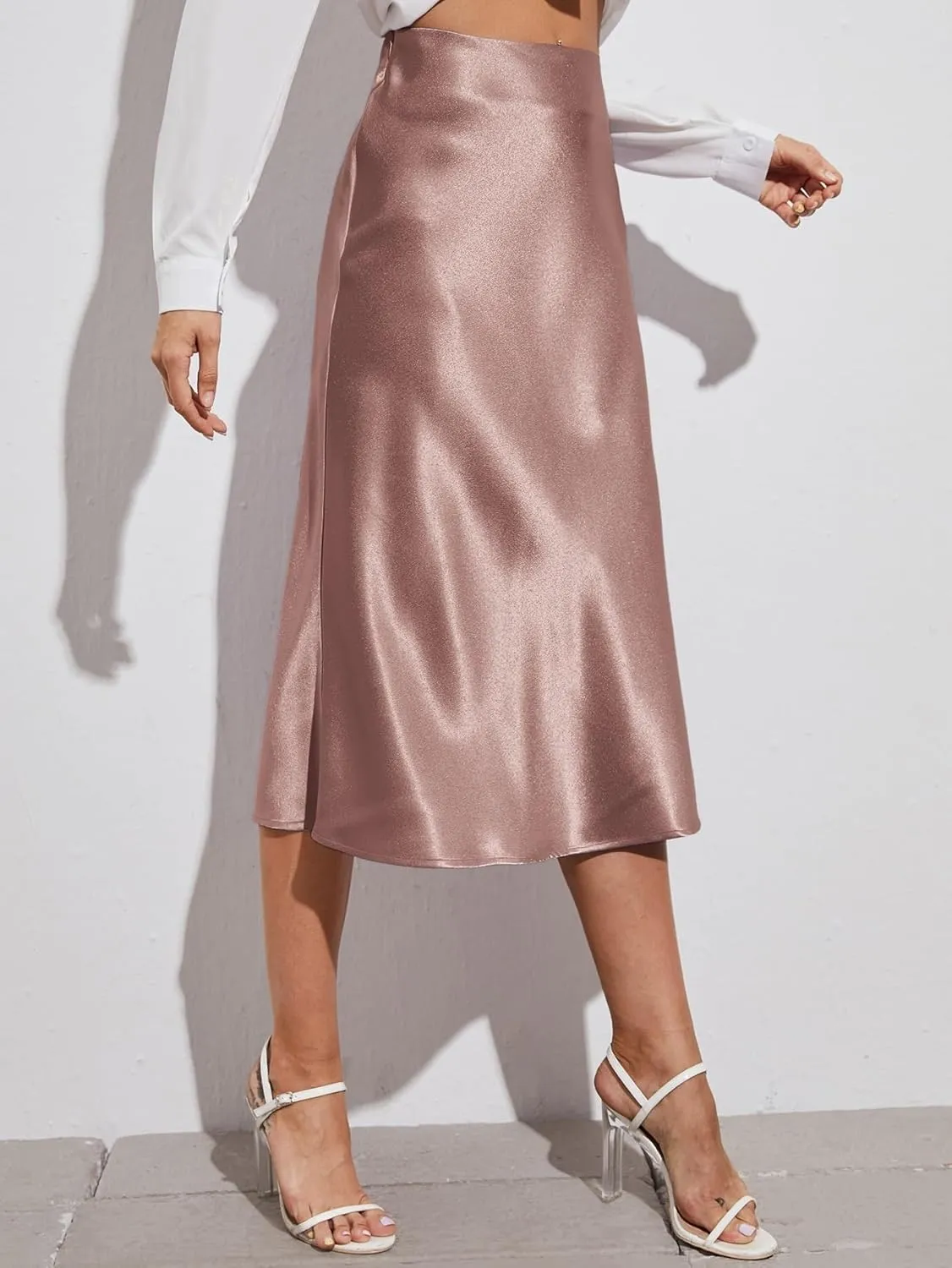 Womens Summer Flowy Skirt Dress Zipper Side Solid Satin Midi Skirt