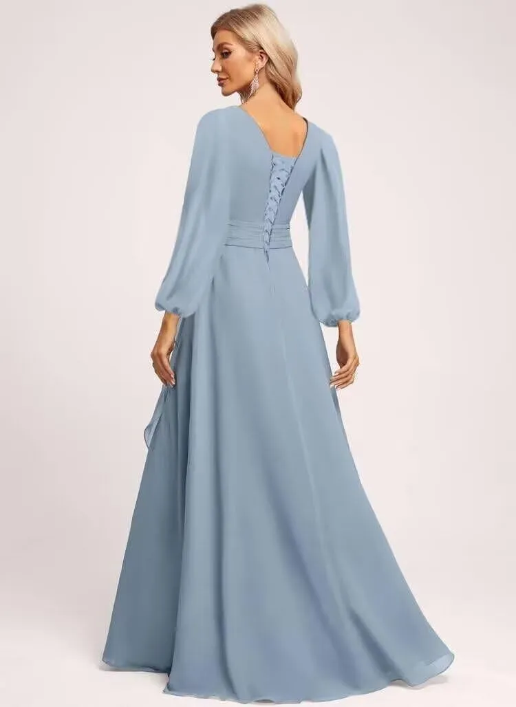 Women's V Neck Ruffle Lantern Sleeve Bridesmaid Dresses with Slit Long Pleated Chiffon Formal Dress with Pockets
