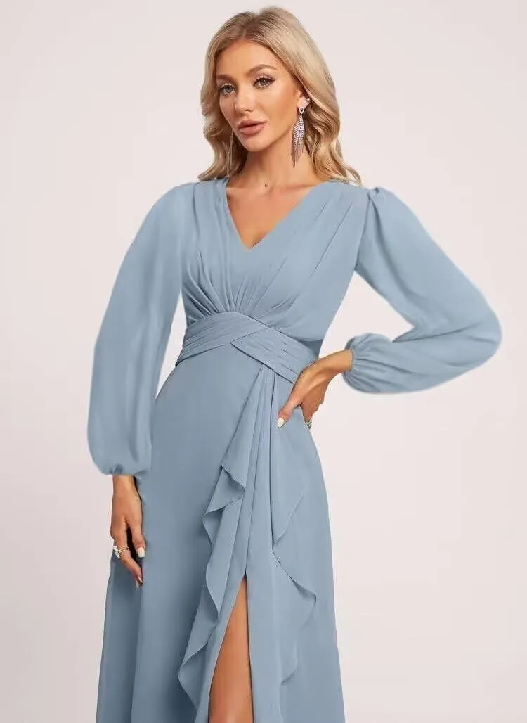 Women's V Neck Ruffle Lantern Sleeve Bridesmaid Dresses with Slit Long Pleated Chiffon Formal Dress with Pockets
