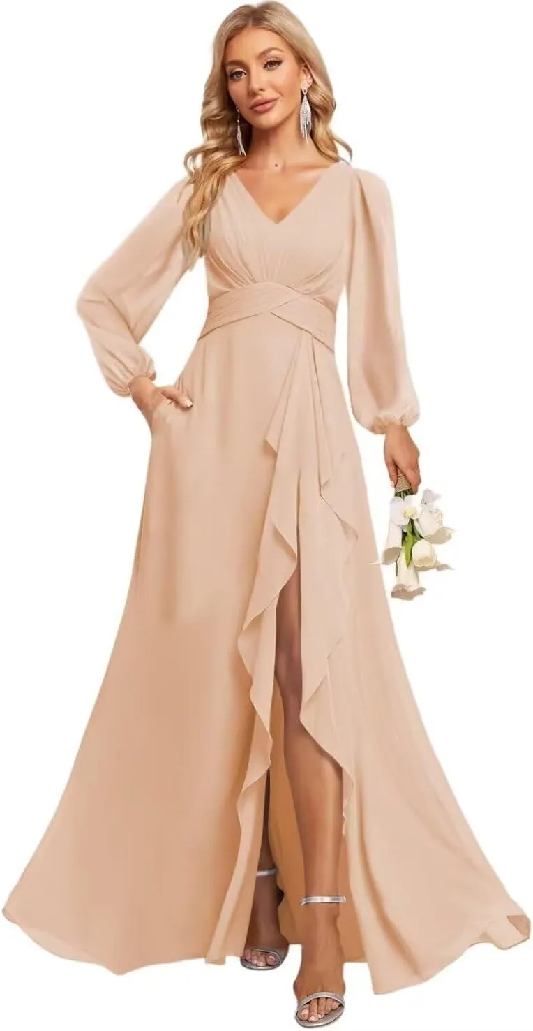 Women's V Neck Ruffle Lantern Sleeve Bridesmaid Dresses with Slit Long Pleated Chiffon Formal Dress with Pockets