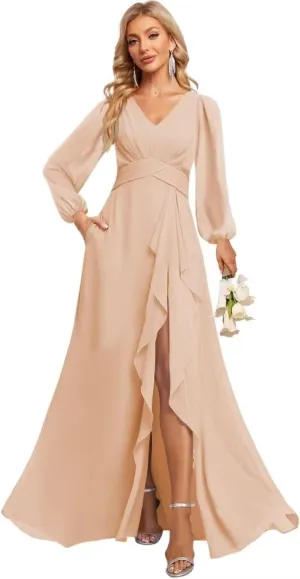 Women's V Neck Ruffle Lantern Sleeve Bridesmaid Dresses with Slit Long Pleated Chiffon Formal Dress with Pockets