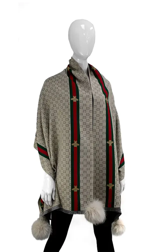 Woven Scarf with Bee Details & Fox trim