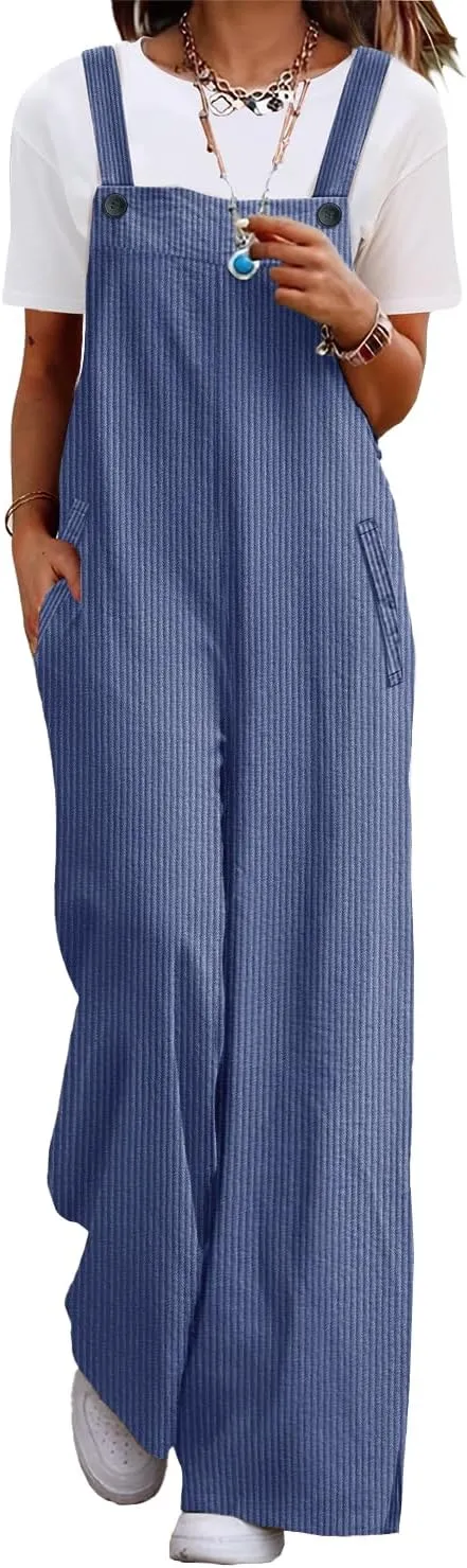 YESNO Women's Casual Corduroy Overalls Adjustable Straps Baggy Pants Wide Leg Jumpsuits with Pockets PC2