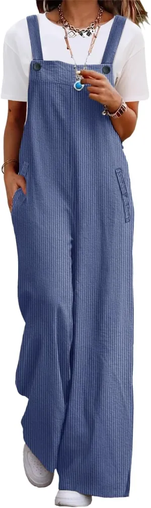YESNO Women's Casual Corduroy Overalls Adjustable Straps Baggy Pants Wide Leg Jumpsuits with Pockets PC2