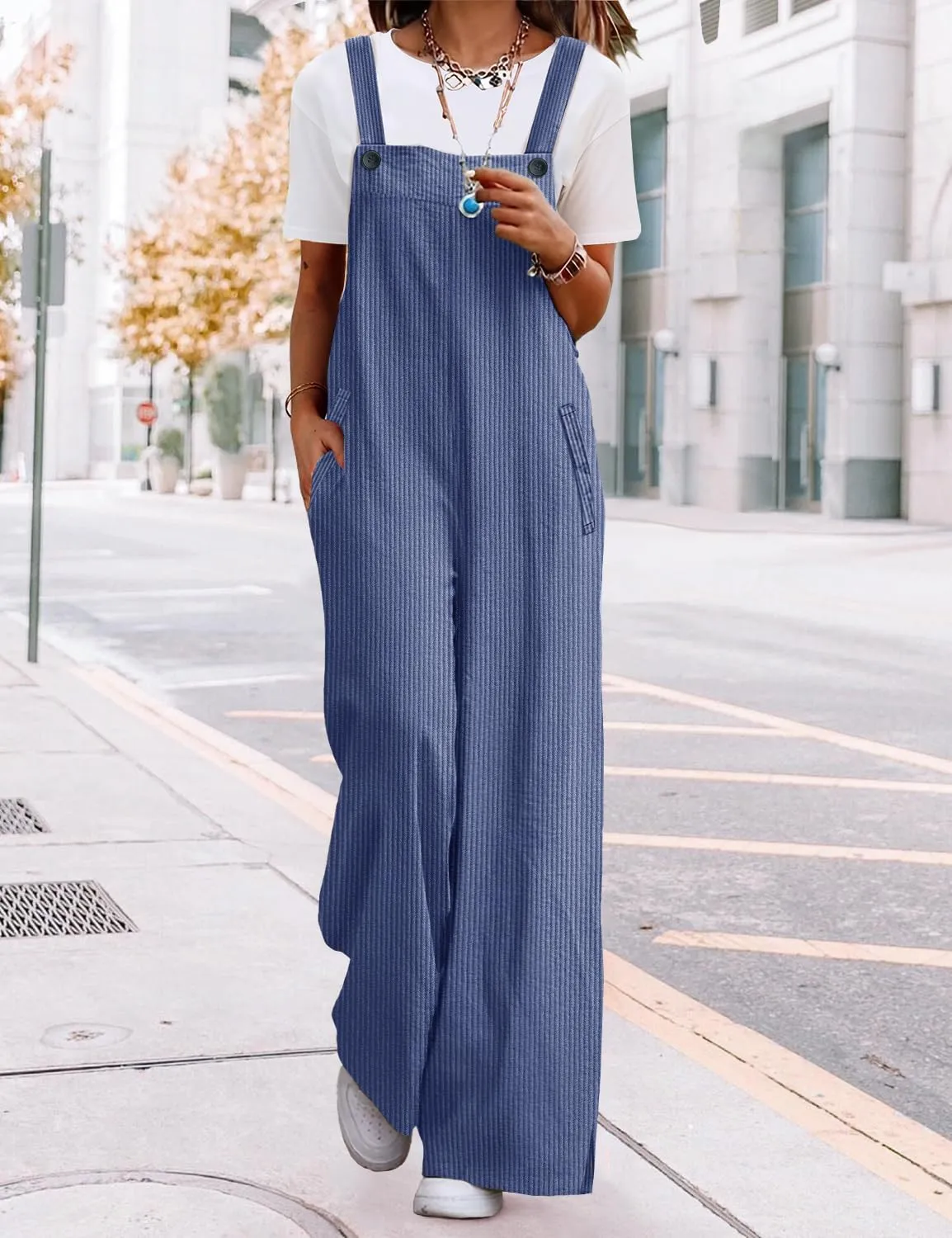 YESNO Women's Casual Corduroy Overalls Adjustable Straps Baggy Pants Wide Leg Jumpsuits with Pockets PC2