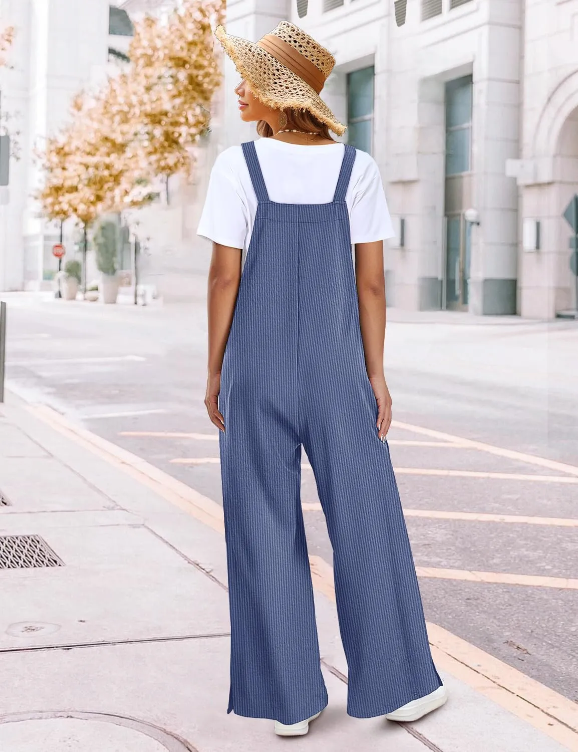 YESNO Women's Casual Corduroy Overalls Adjustable Straps Baggy Pants Wide Leg Jumpsuits with Pockets PC2