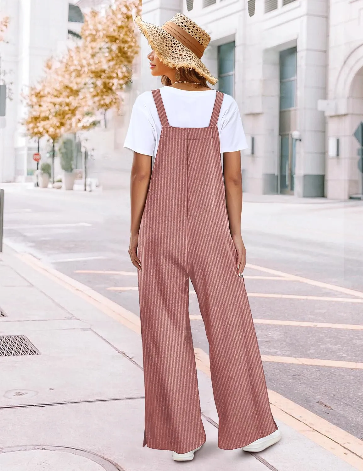 YESNO Women's Casual Corduroy Overalls Adjustable Straps Baggy Pants Wide Leg Jumpsuits with Pockets PC2