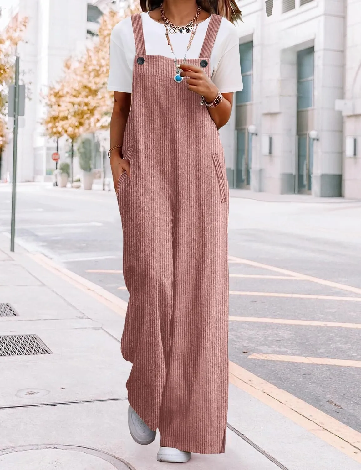 YESNO Women's Casual Corduroy Overalls Adjustable Straps Baggy Pants Wide Leg Jumpsuits with Pockets PC2