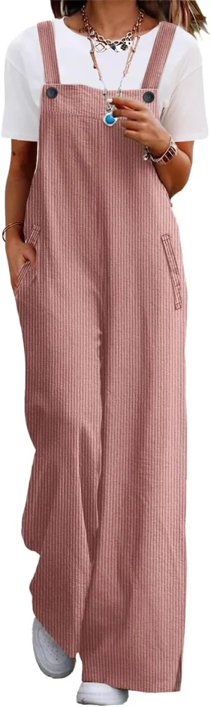 YESNO Women's Casual Corduroy Overalls Adjustable Straps Baggy Pants Wide Leg Jumpsuits with Pockets PC2