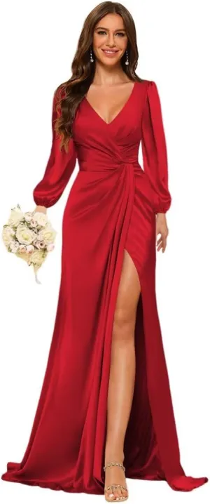 YMSHA Mermaid Satin Bridesmaid Dresses with Slit Long Sleeve Formal Party Dress YMS373