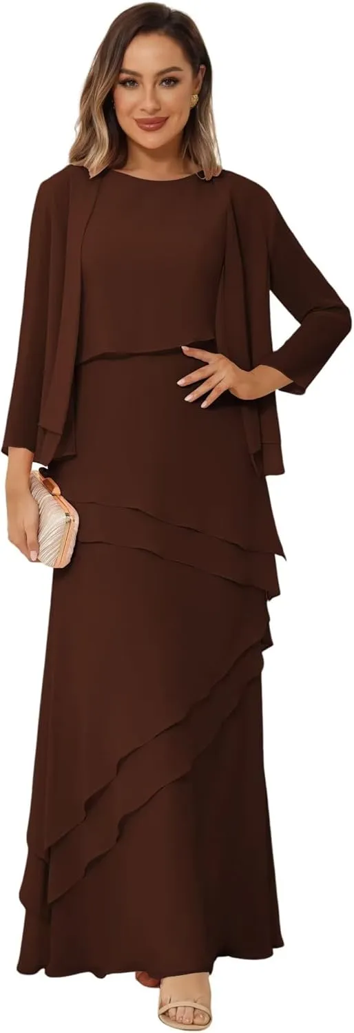 YOFF 2 Pieces Mother of The Bride Dresses with Jacket Long Sleeve Chiffon Long Formal Dress with Ruffles YO169
