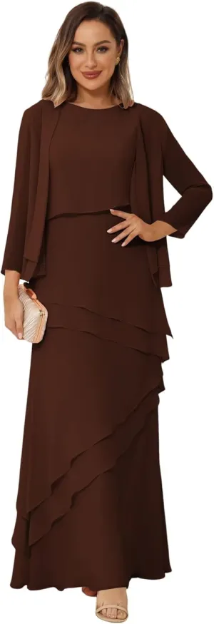 YOFF 2 Pieces Mother of The Bride Dresses with Jacket Long Sleeve Chiffon Long Formal Dress with Ruffles YO169