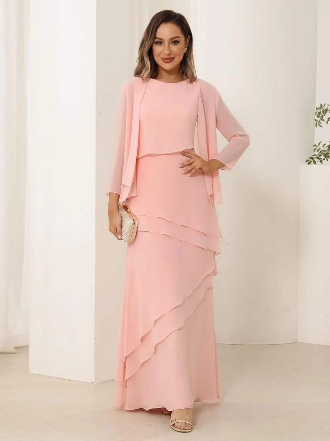 YOFF 2 Pieces Mother of The Bride Dresses with Jacket Long Sleeve Chiffon Long Formal Dress with Ruffles YO169