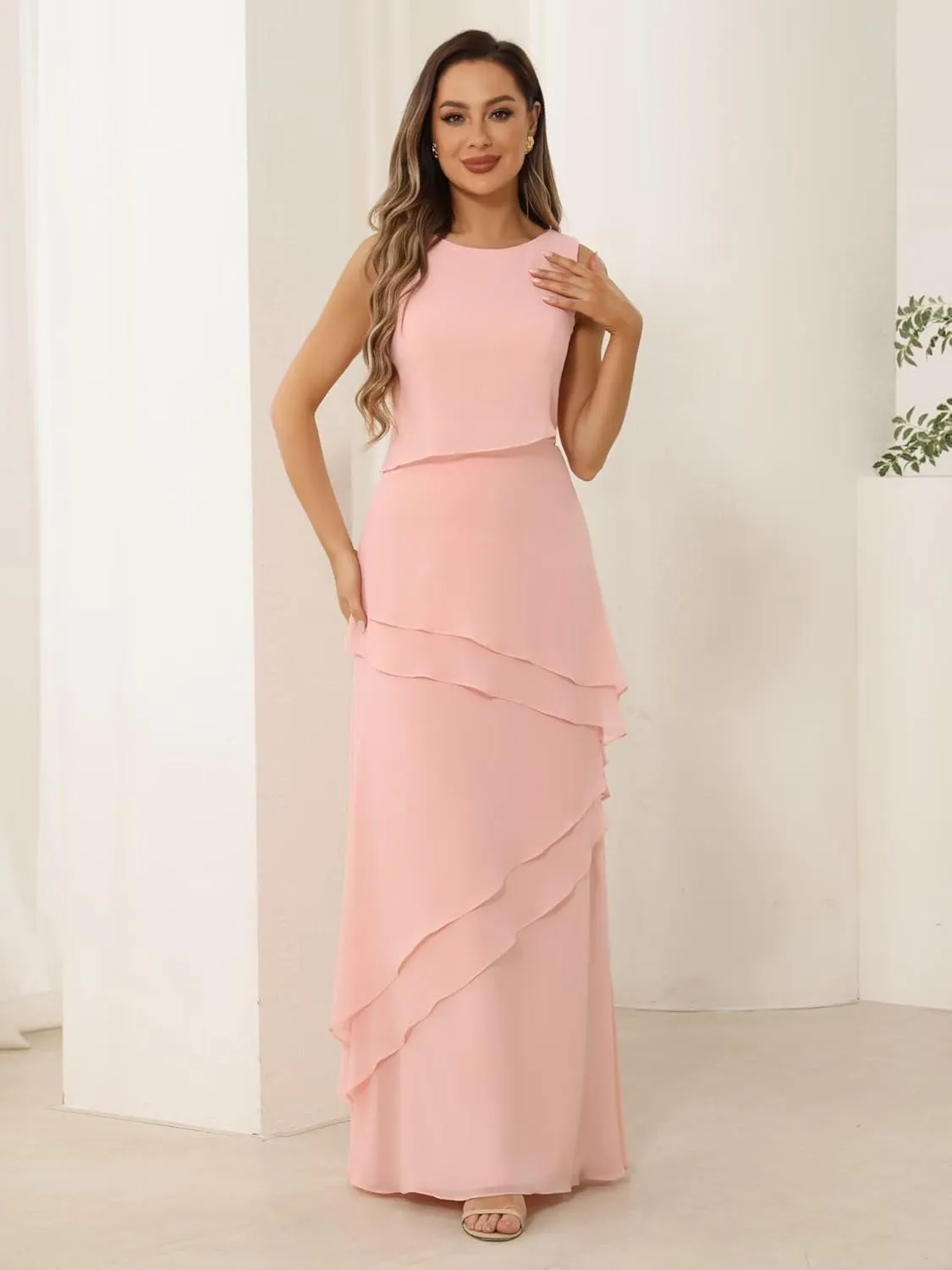 YOFF 2 Pieces Mother of The Bride Dresses with Jacket Long Sleeve Chiffon Long Formal Dress with Ruffles YO169