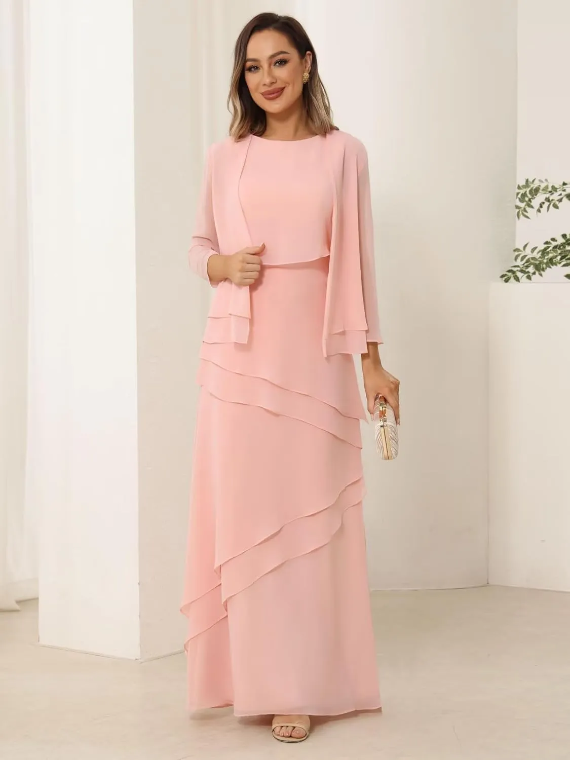 YOFF 2 Pieces Mother of The Bride Dresses with Jacket Long Sleeve Chiffon Long Formal Dress with Ruffles YO169