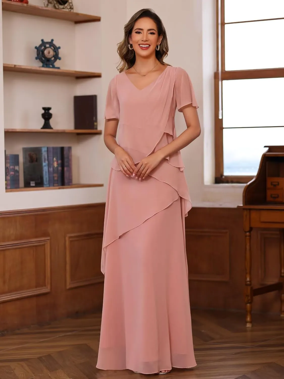 YOFF Women's V Neck Long Mother of The Bride Dresses for Wedding Chiffon Short Sleeve Formal Evening Dress YO230