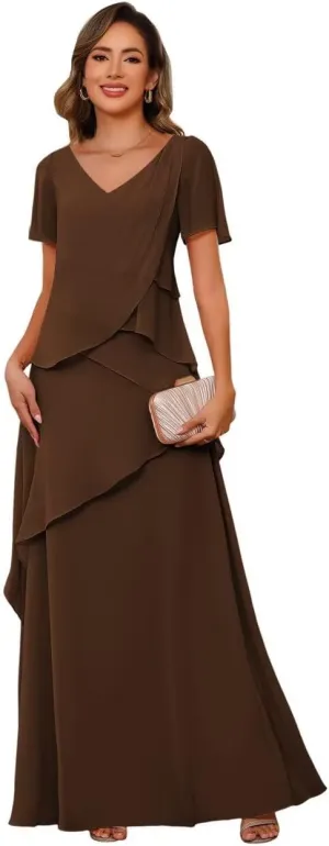 YOFF Women's V Neck Long Mother of The Bride Dresses for Wedding Chiffon Short Sleeve Formal Evening Dress YO230