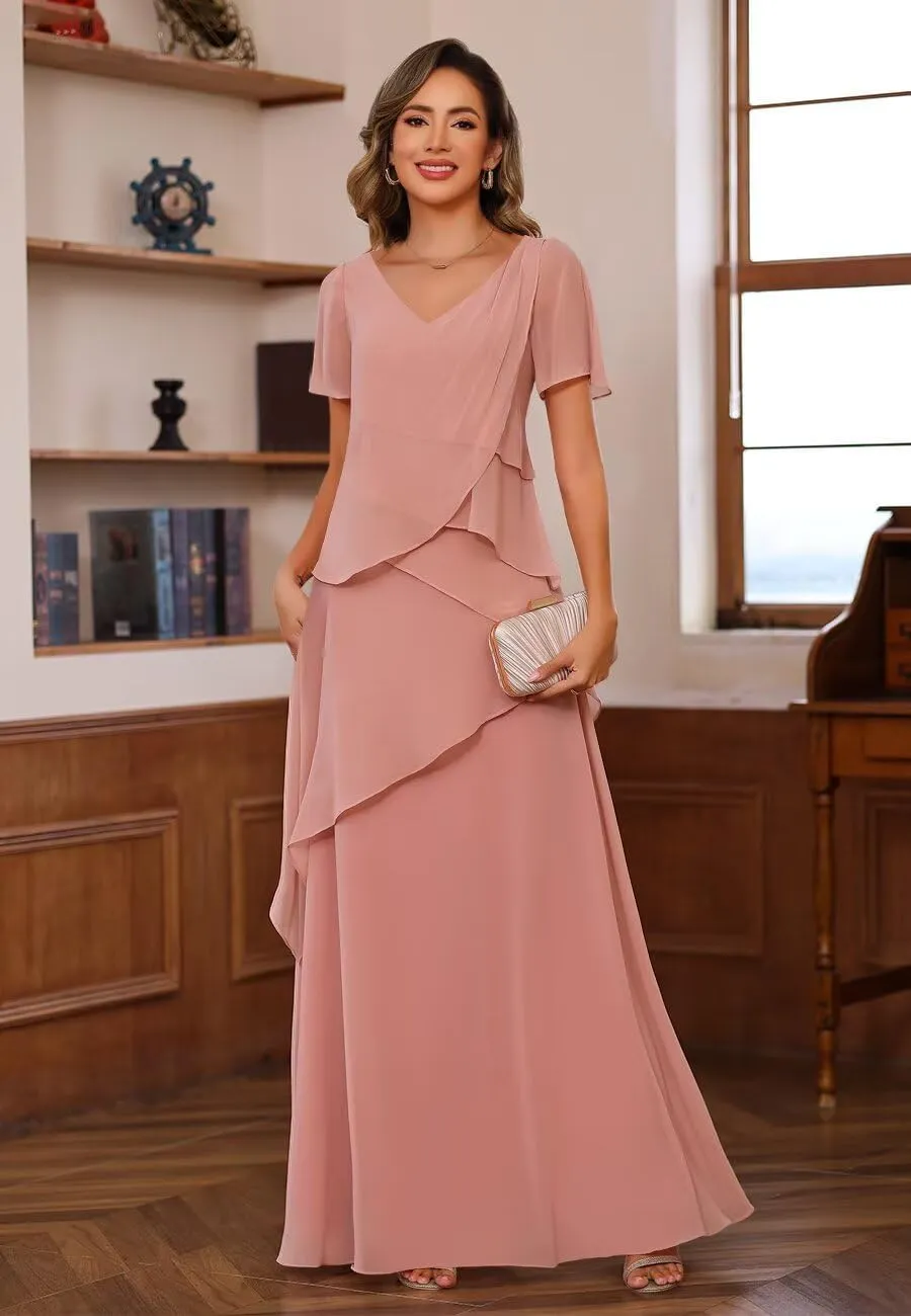 YOFF Women's V Neck Long Mother of The Bride Dresses for Wedding Chiffon Short Sleeve Formal Evening Dress YO230