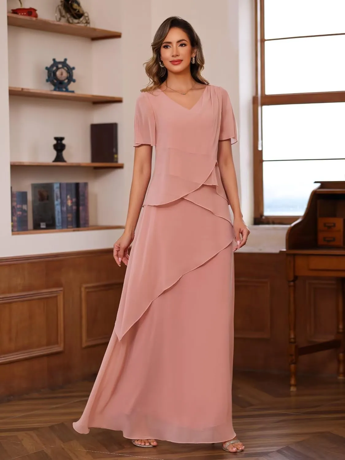 YOFF Women's V Neck Long Mother of The Bride Dresses for Wedding Chiffon Short Sleeve Formal Evening Dress YO230