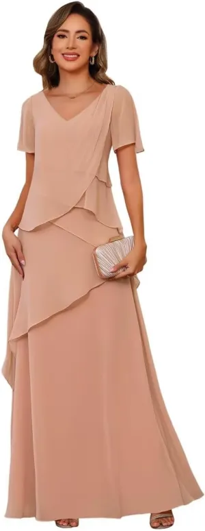 YOFF Women's V Neck Long Mother of The Bride Dresses for Wedding Chiffon Short Sleeve Formal Evening Dress YO230