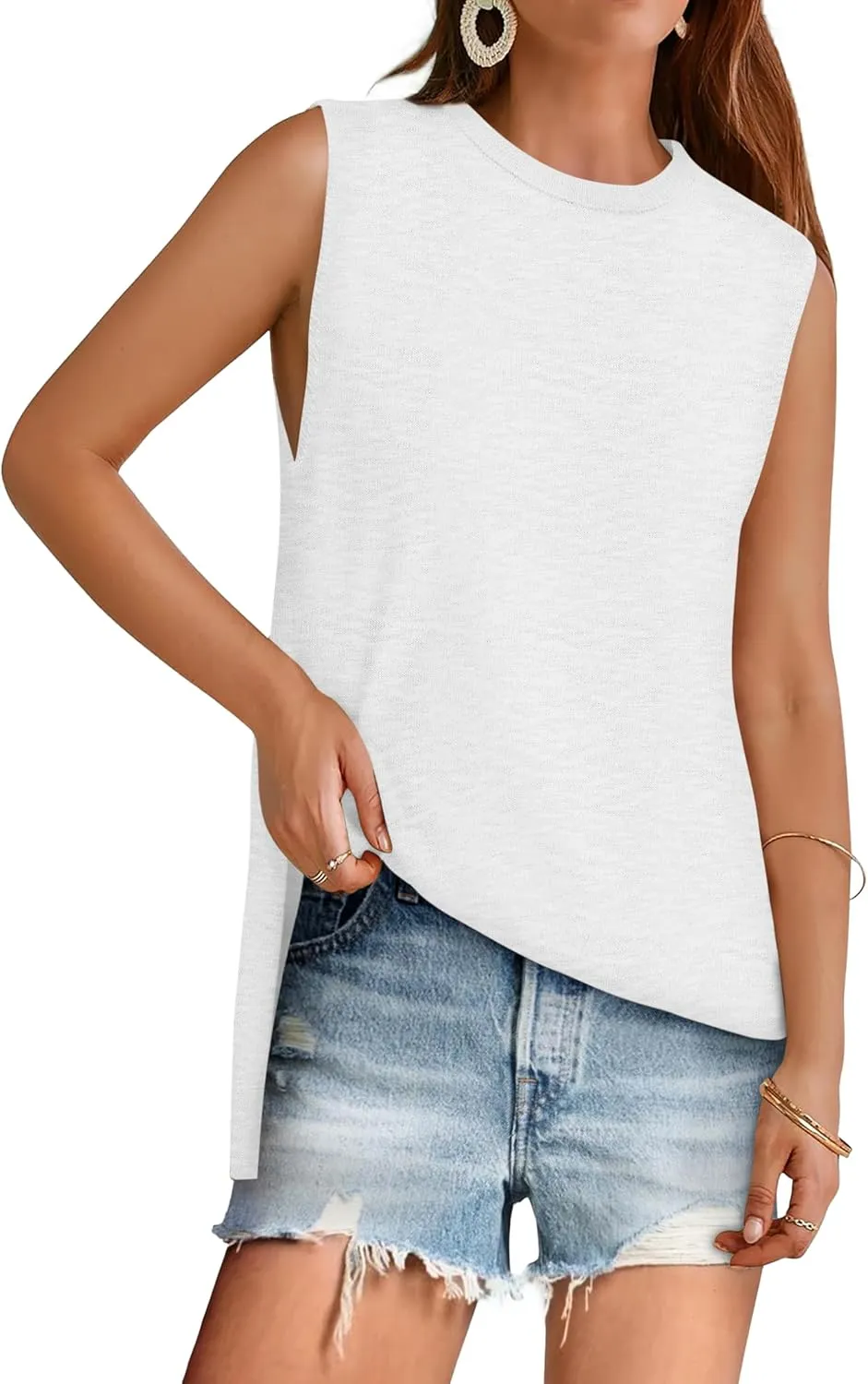 Yousify Women's Summer Tank Tops Crew Neck Sweater Vest 2025 Casual Sleeveless Knit Trendy Tunic Top XS-2XL