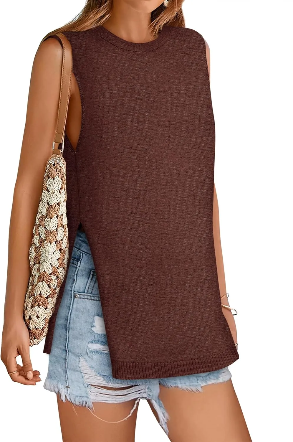 Yousify Women's Summer Tank Tops Crew Neck Sweater Vest 2025 Casual Sleeveless Knit Trendy Tunic Top XS-2XL