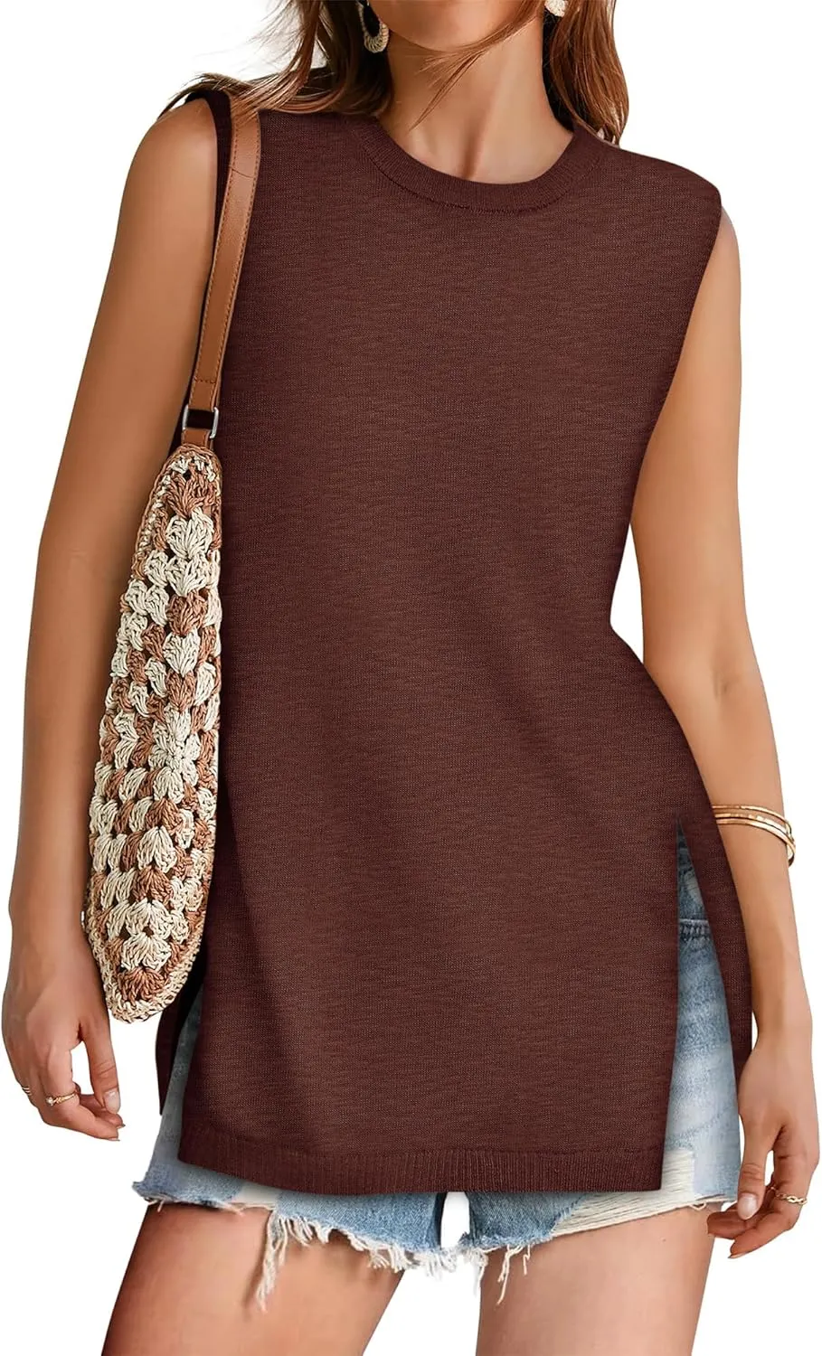 Yousify Women's Summer Tank Tops Crew Neck Sweater Vest 2025 Casual Sleeveless Knit Trendy Tunic Top XS-2XL