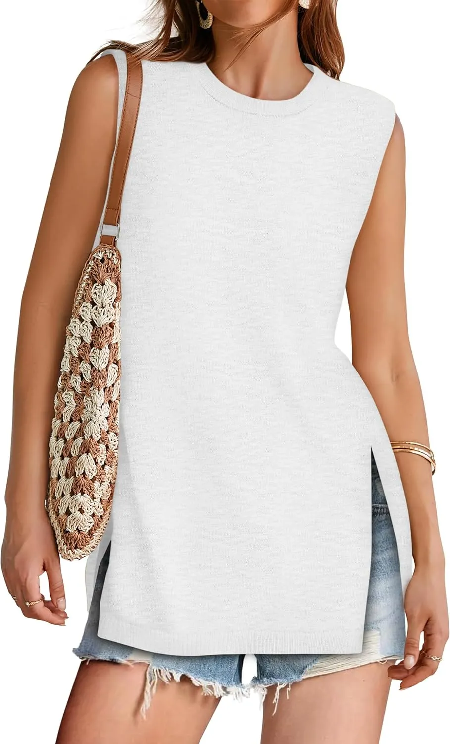 Yousify Women's Summer Tank Tops Crew Neck Sweater Vest 2025 Casual Sleeveless Knit Trendy Tunic Top XS-2XL