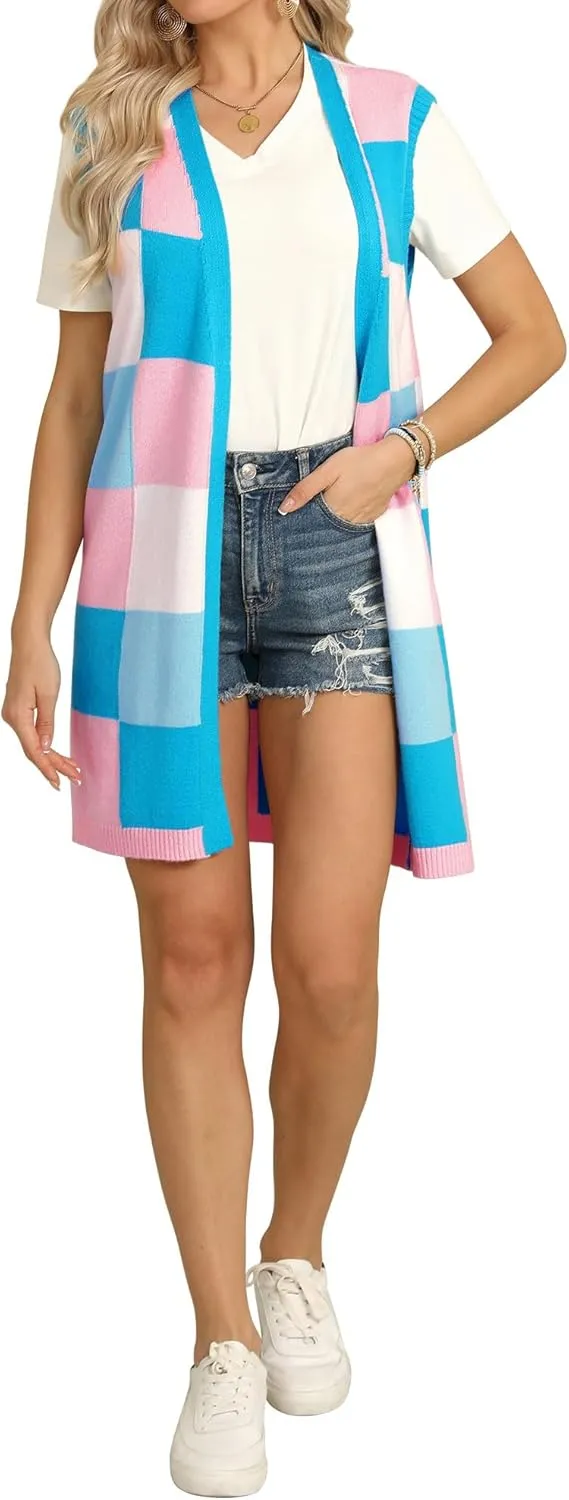 ZXZY Womens Sleeveless Cardigan Fashion Contrast Color Block Plaid Cute Lightweight Knit Long Vest